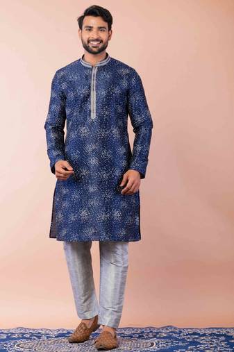 navy blue dupion kurta pyjama set for men with solid design