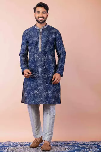 navy blue dupion kurta pyjama set for men with solid design