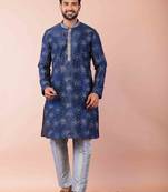 navy blue dupion kurta pyjama set for men with solid design