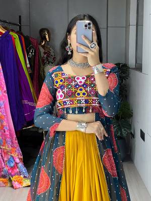 MUSTERD RAMA  RAYON COTTON EMBROIDERY NAVRATRI CHANIYA CHOLI- full stitched free size 4