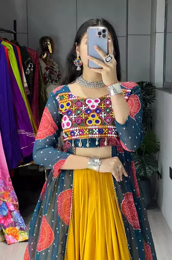 MUSTERD RAMA  RAYON COTTON EMBROIDERY NAVRATRI CHANIYA CHOLI- full stitched free size