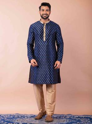 navy blue dupion kurta pyjama set for men with solid design 1