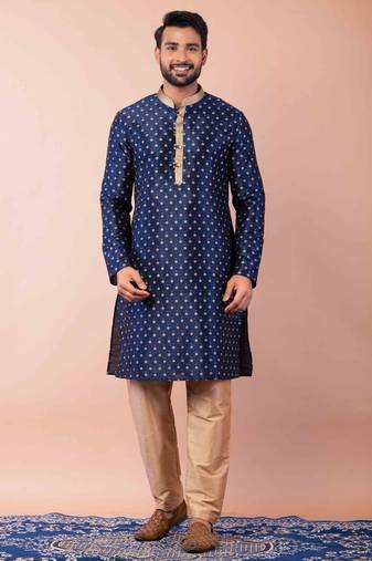 navy blue dupion kurta pyjama set for men with solid design