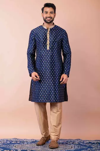 navy blue dupion kurta pyjama set for men with solid design