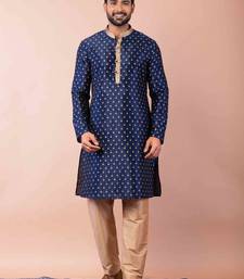 navy blue dupion kurta pyjama set for men with solid design