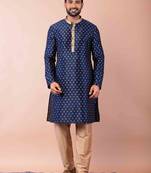 navy blue dupion kurta pyjama set for men with solid design