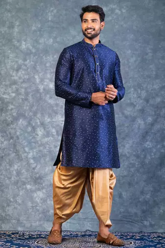 navy blue  kurta dhoti  set for men with embroidered work