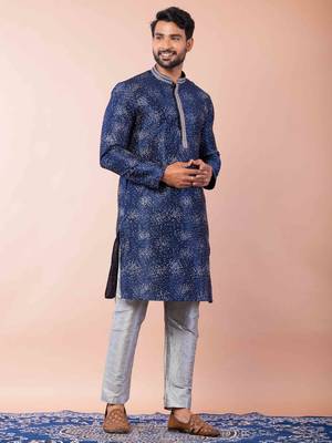 navy blue dupion kurta pyjama set for men with solid design 2