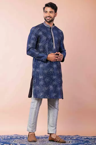 navy blue dupion kurta pyjama set for men with solid design