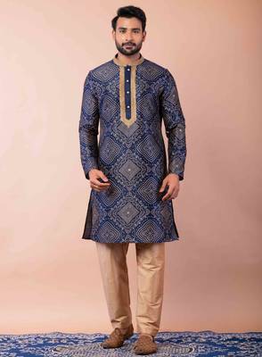 navy blue dupion kurta pyjama set for men with solid design 1