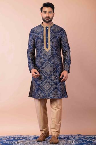 navy blue dupion kurta pyjama set for men with solid design