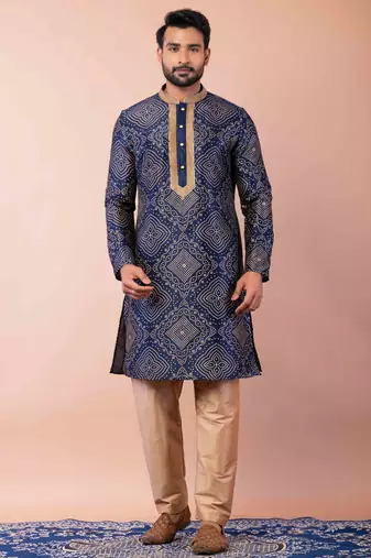navy blue dupion kurta pyjama set for men with solid design
