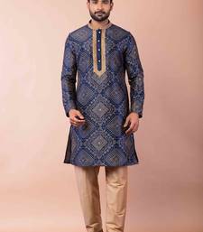 navy blue dupion kurta pyjama set for men with solid design