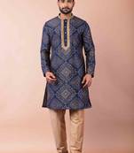 navy blue dupion kurta pyjama set for men with solid design