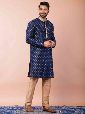 navy blue dupion kurta pyjama set for men with solid design 2