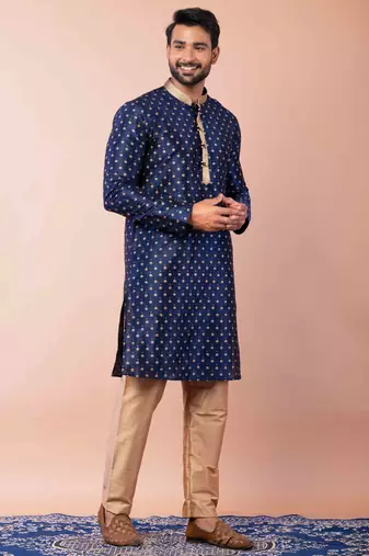 navy blue dupion kurta pyjama set for men with solid design