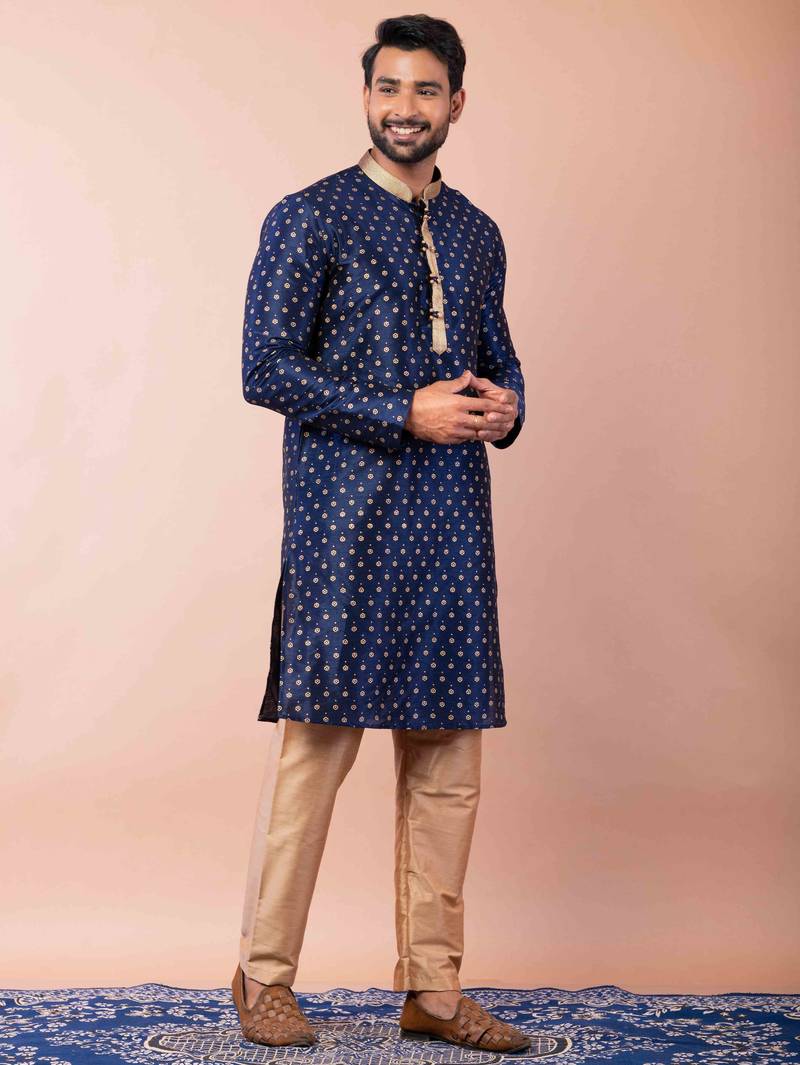 navy blue dupion kurta pyjama set for men with solid design