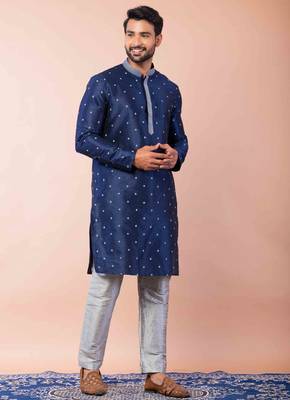 navy blue dupion kurta pyjama set for men with solid design 2