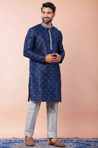 navy blue dupion kurta pyjama set for men with solid design
