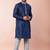 navy blue dupion kurta pyjama set for men with solid design