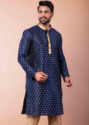 navy blue dupion kurta pyjama set for men with solid design 3