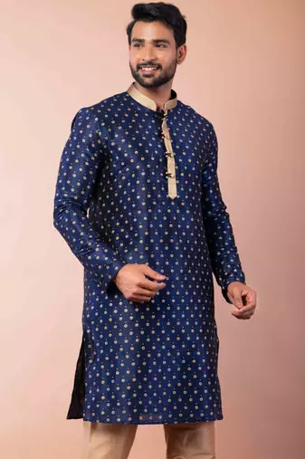 navy blue dupion kurta pyjama set for men with solid design