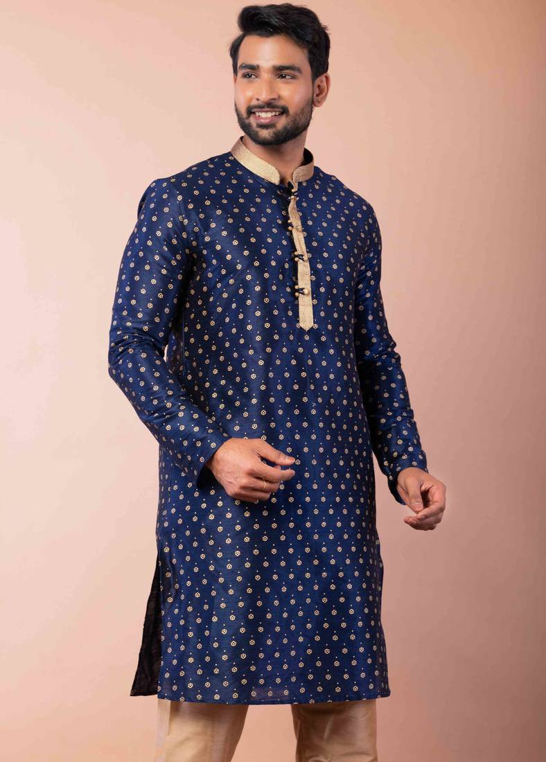 navy blue dupion kurta pyjama set for men with solid design