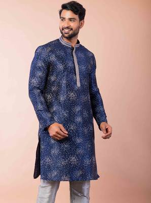 navy blue dupion kurta pyjama set for men with solid design 3