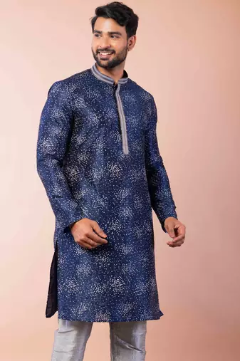navy blue dupion kurta pyjama set for men with solid design