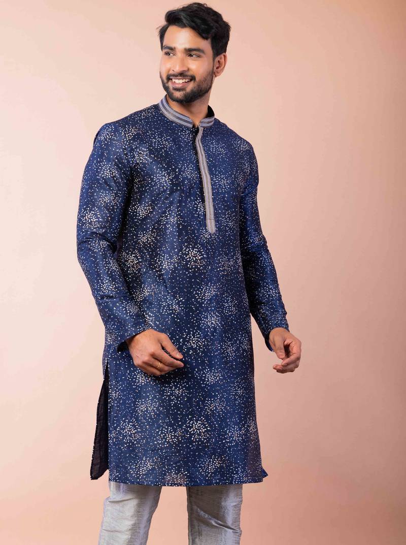 navy blue dupion kurta pyjama set for men with solid design