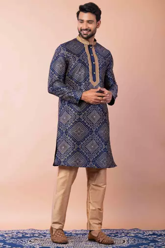 navy blue dupion kurta pyjama set for men with solid design