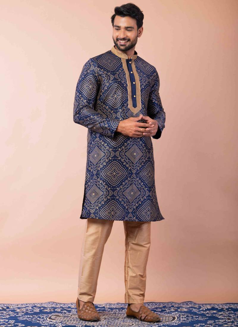 navy blue dupion kurta pyjama set for men with solid design
