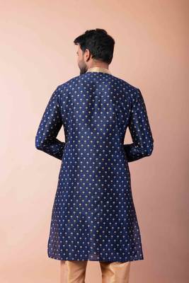 navy blue dupion kurta pyjama set for men with solid design 4