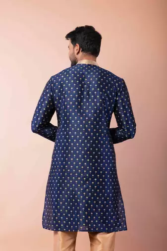 navy blue dupion kurta pyjama set for men with solid design