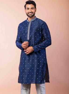 navy blue dupion kurta pyjama set for men with solid design 3