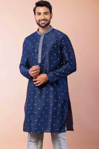 navy blue dupion kurta pyjama set for men with solid design