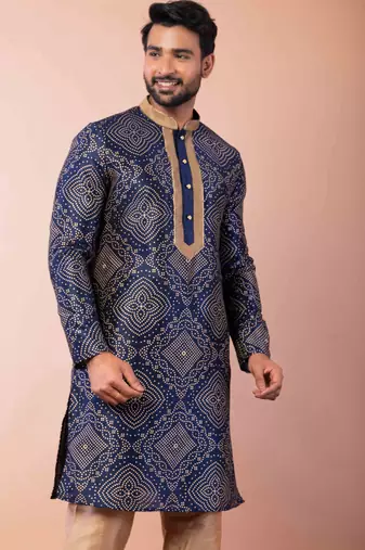 navy blue dupion kurta pyjama set for men with solid design