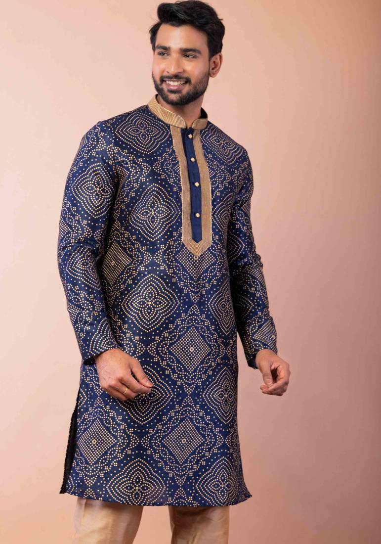 navy blue dupion kurta pyjama set for men with solid design