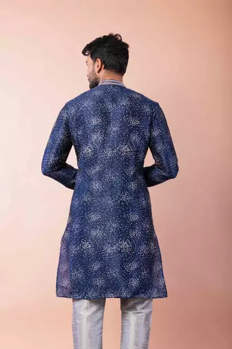 navy blue dupion kurta pyjama set for men with solid design