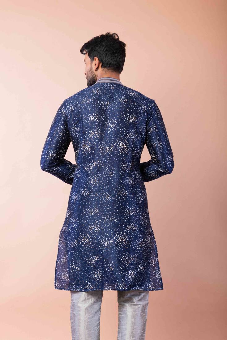 navy blue dupion kurta pyjama set for men with solid design