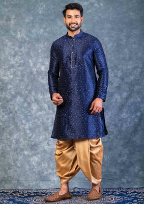 navy blue  kurta dhoti  set for men with embroidered work 3
