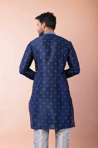 navy blue dupion kurta pyjama set for men with solid design