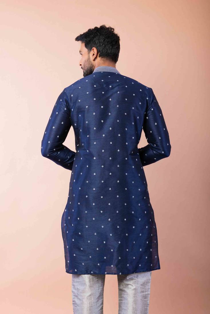 navy blue dupion kurta pyjama set for men with solid design