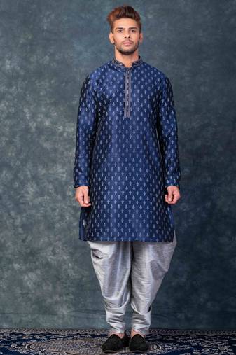 navy blue  kurta dhoti  set for men with embroidered work