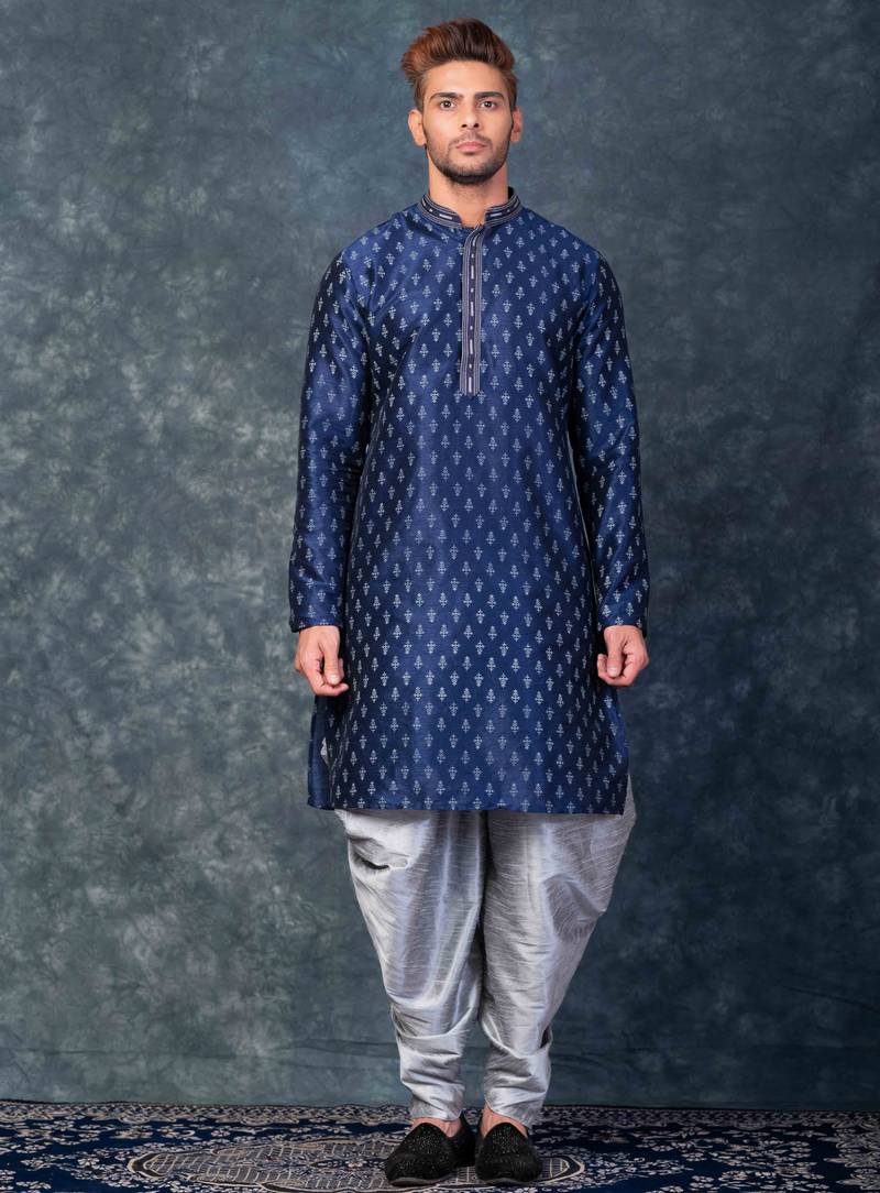 navy blue  kurta dhoti  set for men with embroidered work