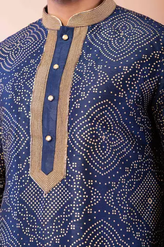 navy blue dupion kurta pyjama set for men with solid design