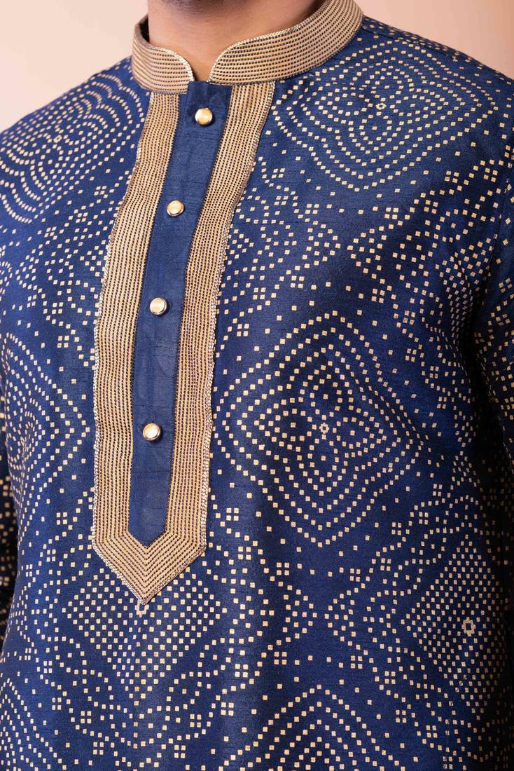 navy blue dupion kurta pyjama set for men with solid design