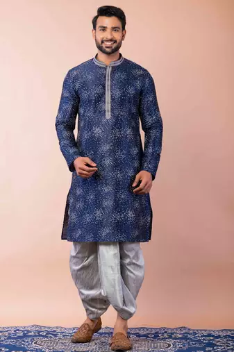 navy blue  kurta dhoti  set for men with embroidered work