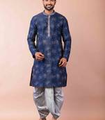 navy blue  kurta dhoti  set for men with embroidered work
