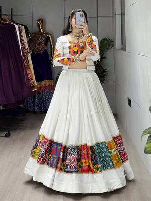 WHITE RAYON COTTON EMBROIDERY  SEMI STICHED NAVRATRI CHANIYA CHOLI 1